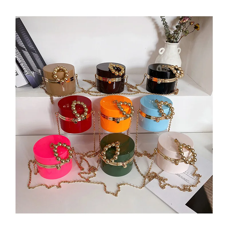 Barrel-shaped Acrylic Candy Color Round Hand Bags Ladies Designer PVC Small Gold Beads Shoulder Purses Luxury Handbags for Women, Customized color
Barrel-shaped Acrylic Candy Color Round Hand Bags Ladies Designer PVC Small Gold Beads Shoulder Purses Luxury Handbags for Women, Customized color