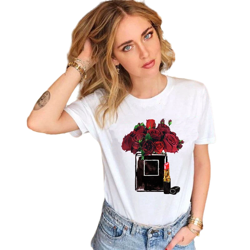 Latest Design Women Short Sleeve Graphic Tees Tops Fashion Perfume Rose Print Harajuku White T-shirts
Latest Design Women Short Sleeve Graphic Tees Tops Fashion Perfume Rose Print Harajuku White T-shirts