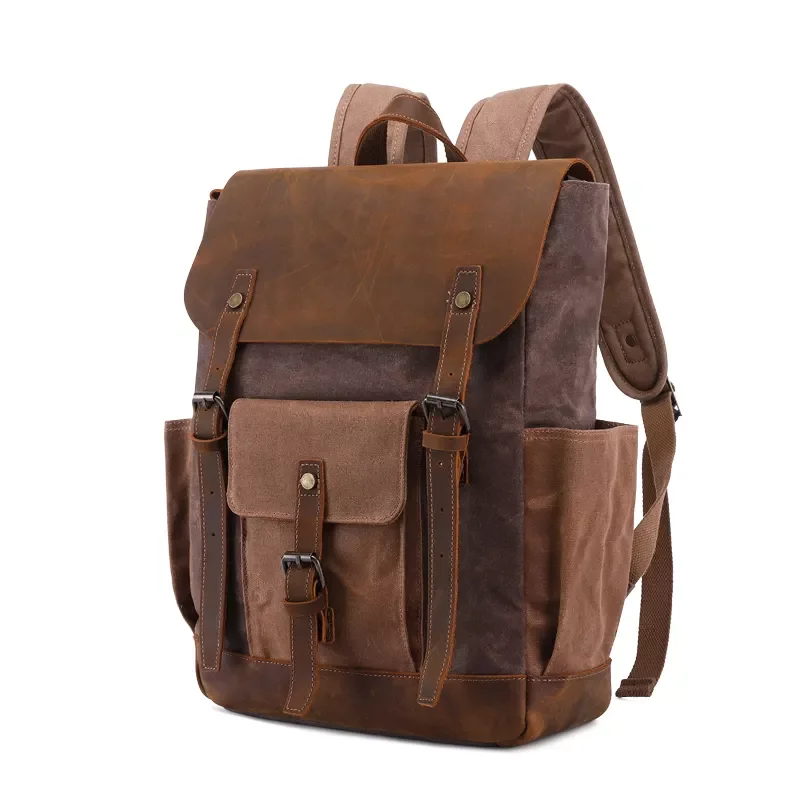 

Vintage waxed canvas backpack genuine crazy horse leather trim water proof camping rucksack back pack canvas leather backpack