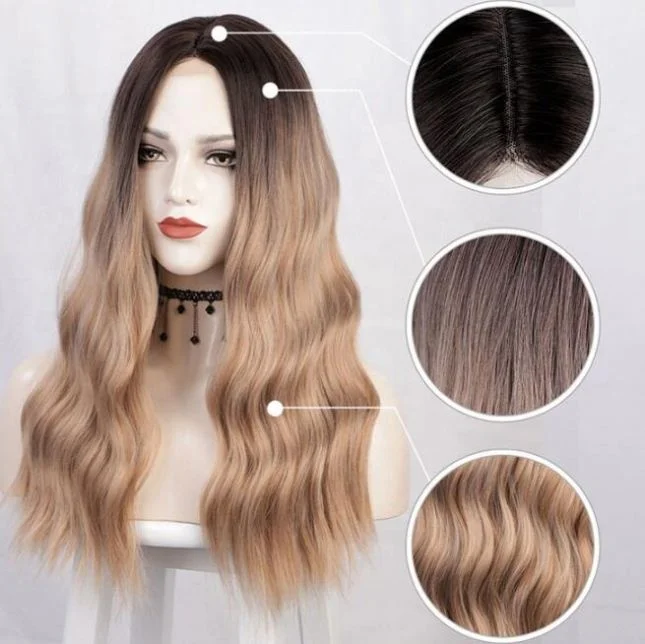 

Jhcentury European Or American Lady Long Curly Shaggy Wavy Wig Hair Before Lace Golden Gradient Synthetic Wigs, See details