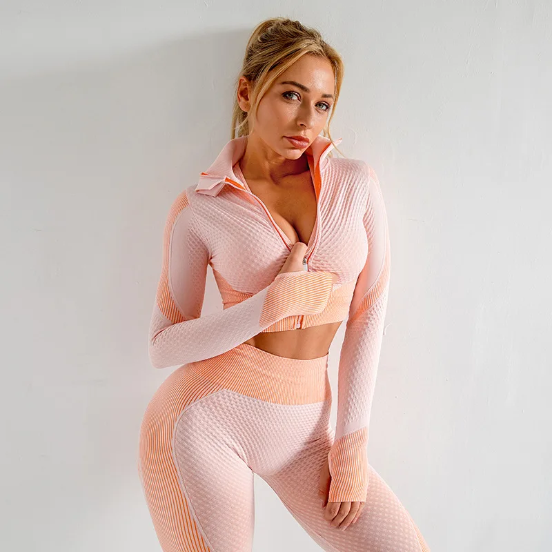Latest Women Zip Up Seamless GYM Wear Yoga High Waist Running Leggings Long Sleeve Shirts Set, As picture
Latest Women Zip Up Seamless GYM Wear Yoga High Waist Running Leggings Long Sleeve Shirts Set, As picture