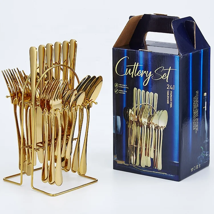 Stainless Steel Knife Fork Spoon set 24pcs Gold Flatware Luxury Cutlery Set With Stand
Stainless Steel Knife Fork Spoon set 24pcs Gold Flatware Luxury Cutlery Set With Stand