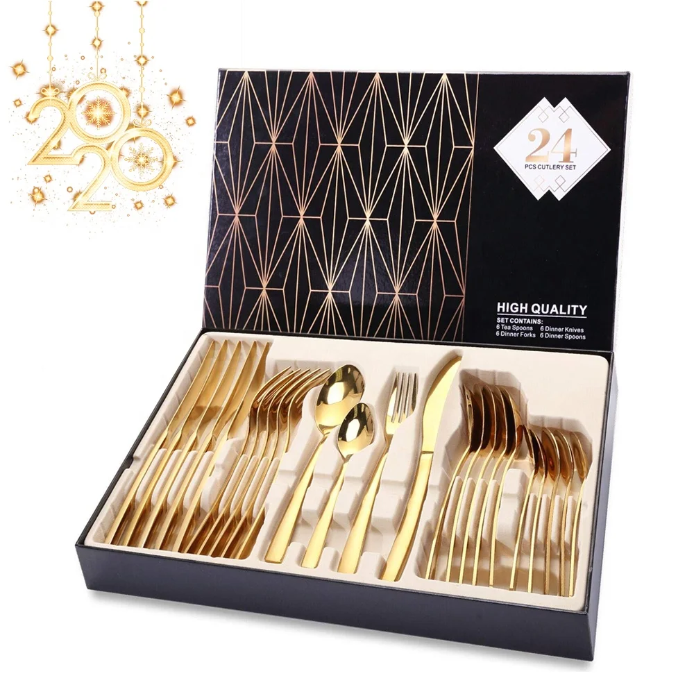 Gold Cutlery Set 24pcs Stainless Steel Flatware Sets Spoon Fork Knife Set With Gift Box, Customized
Gold Cutlery Set 24pcs Stainless Steel Flatware Sets Spoon Fork Knife Set With Gift Box, Customized