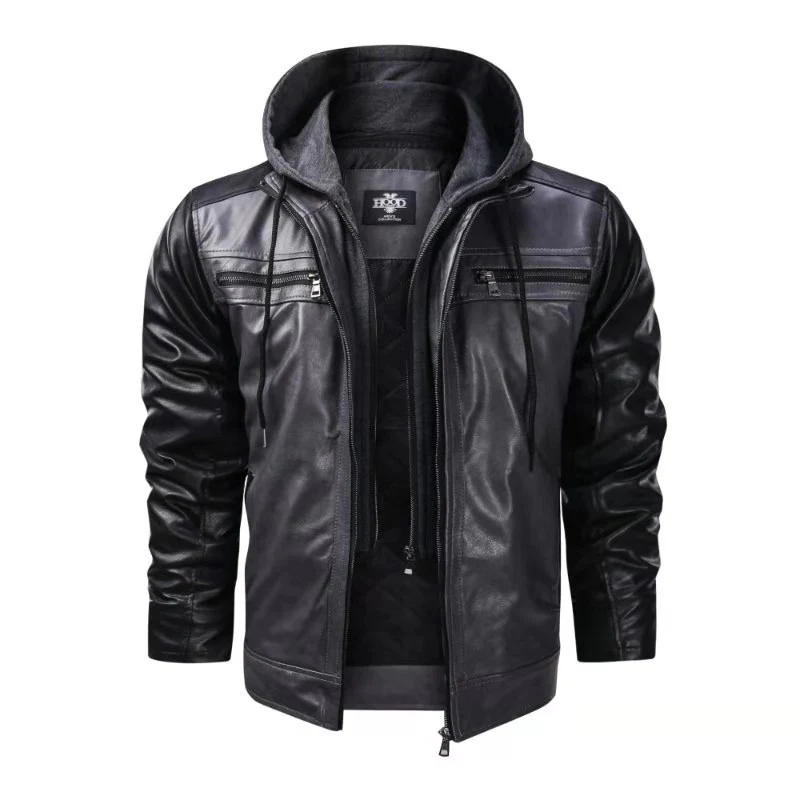 New Foreign Trend Mens Plus Size Leather Jacket Motorcycle Faux Leather Jacket with Removeable Hood, Gray
New Foreign Trend Mens Plus Size Leather Jacket Motorcycle Faux Leather Jacket with Removeable Hood, Gray