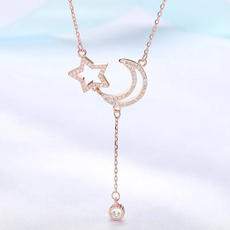 925 Sterling silver star moon full diamond necklace 18k rose gold/white gold long tassel sweater necklace for women
925 Sterling silver star moon full diamond necklace 18k rose gold/white gold long tassel sweater necklace for women