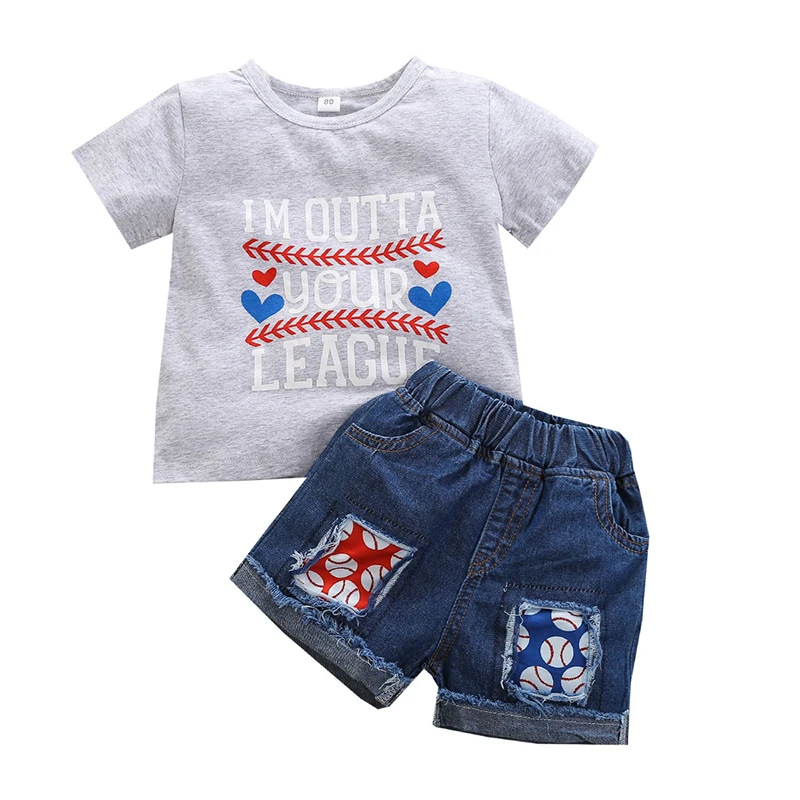 Wholesale grey color baseball graphic short sleeve top denim shorts kids clothes two piece boy clothing sets, As picture show
Wholesale grey color baseball graphic short sleeve top denim shorts kids clothes two piece boy clothing sets, As picture show