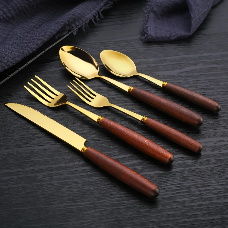 High Quality Flatware Metal Knife Spoon Fork Eco Friendly Wooden Handle Gold Stainless Steel Cutlery Set
High Quality Flatware Metal Knife Spoon Fork Eco Friendly Wooden Handle Gold Stainless Steel Cutlery Set