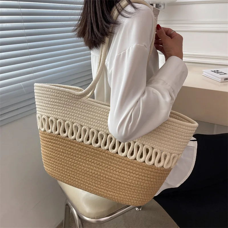 

Shoulder hollow cotton woven bag new summer large capacity French straw bag seaside vacation beach bag for women