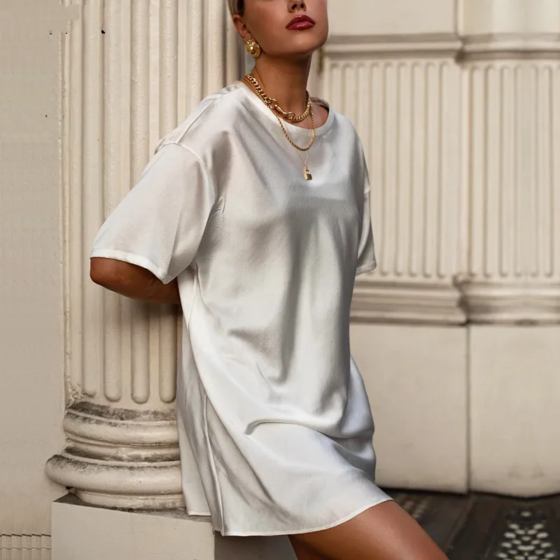 2021 Summer Solid Silk T-Shirt Dress Women Basic Loose Mini Dress Women Short Sleeve Casual Black White Tops, As pictures
2021 Summer Solid Silk T-Shirt Dress Women Basic Loose Mini Dress Women Short Sleeve Casual Black White Tops, As pictures