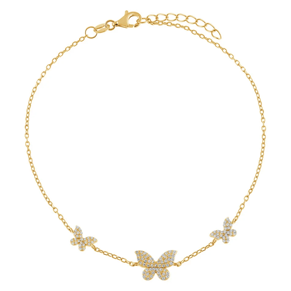 

fashion jewellery manufacturer 14k gold plated 925 sterling silver pave triple butterfly anklet