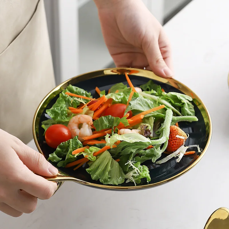 Nordic dark green gold ring tableware personality handle plate western plate dessert plate ceramic salad bowl, Pink
Nordic dark green gold ring tableware personality handle plate western plate dessert plate ceramic salad bowl, Pink