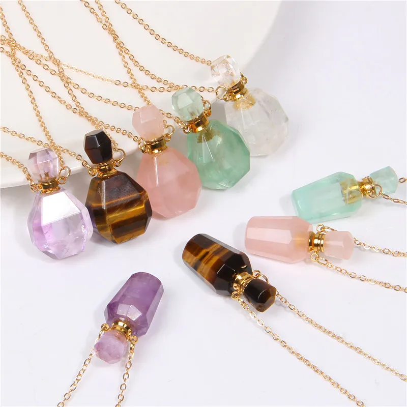 Natural Stone Amethyst Rose Quartz Tiger Eye Gemstone Perfume Bottle Pendant Essential Oil Necklaces For Women
Natural Stone Amethyst Rose Quartz Tiger Eye Gemstone Perfume Bottle Pendant Essential Oil Necklaces For Women