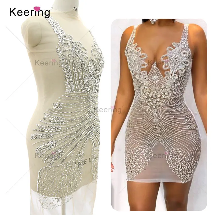 

Keering 2021 New beaded and sequin v necks bodice rhinestone applique for dress clothes with beads WDP-387, Silver with nude mesh,other colors should check with me