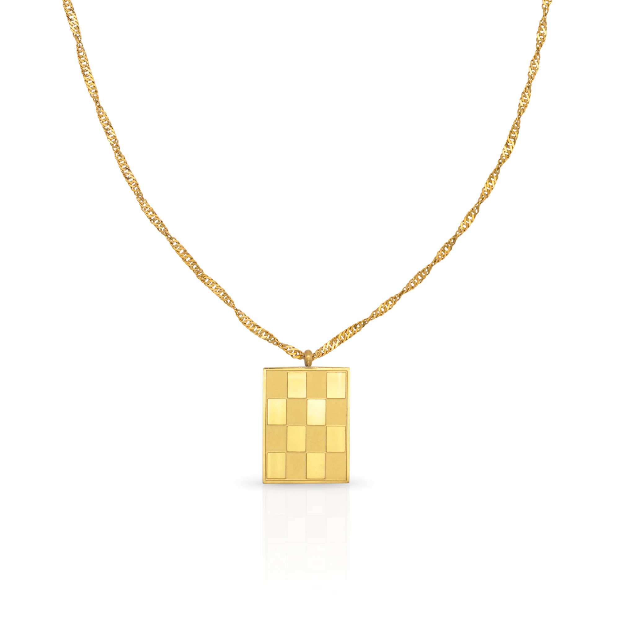 Chris April fashion stainless steel PVD square checkerboard pendant singapore chain necklace
Chris April fashion stainless steel PVD square checkerboard pendant singapore chain necklace