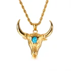 Stainless Steel 18K Gold Plated Animal Jewelry Blue Turquoise Gemstone Cattle Cow Head Charm Pendant