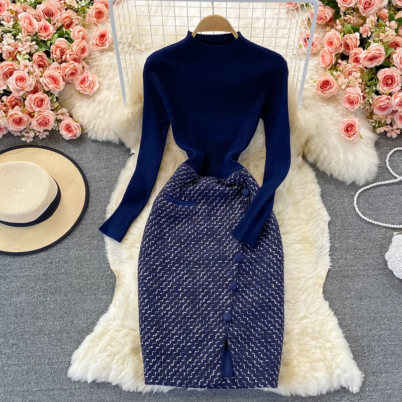 Luxury Elegant Stretch Mid Length Dress Lady's Crew Collar Knitted Tweed Patchwork Dress Office Lady High Waist Basic Dress
Luxury Elegant Stretch Mid Length Dress Lady's Crew Collar Knitted Tweed Patchwork Dress Office Lady High Waist Basic Dress