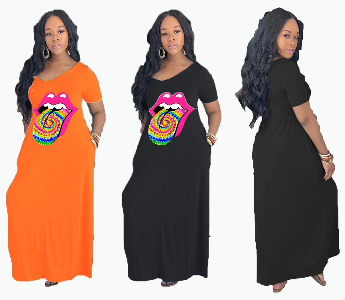 

YFS-3507 Summer Plus Size Women's V-neck Pocket Letter Printing Big Lip Dress, Picture color