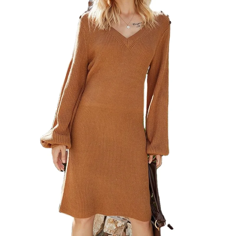 Women's Long Puff Sleeve Pullover Knitted Solid Color V-neck Loose Sweater Dress, Customized color
Women's Long Puff Sleeve Pullover Knitted Solid Color V-neck Loose Sweater Dress, Customized color