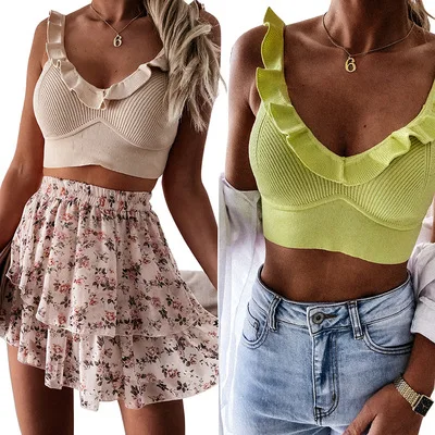 Women's Crop Top T Shirt Tanks For Woman Ruffles V-Neck Sleeveless Slim Short Tops Y2K Mujer Kawaii
Women's Crop Top T Shirt Tanks For Woman Ruffles V-Neck Sleeveless Slim Short Tops Y2K Mujer Kawaii