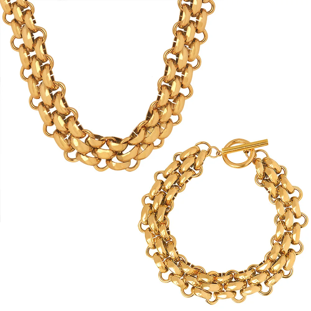 2023 fashion new stainless steel 18K gold texture light luxury exaggerated thick chain necklace bracelet jewelry set
2023 fashion new stainless steel 18K gold texture light luxury exaggerated thick chain necklace bracelet jewelry set