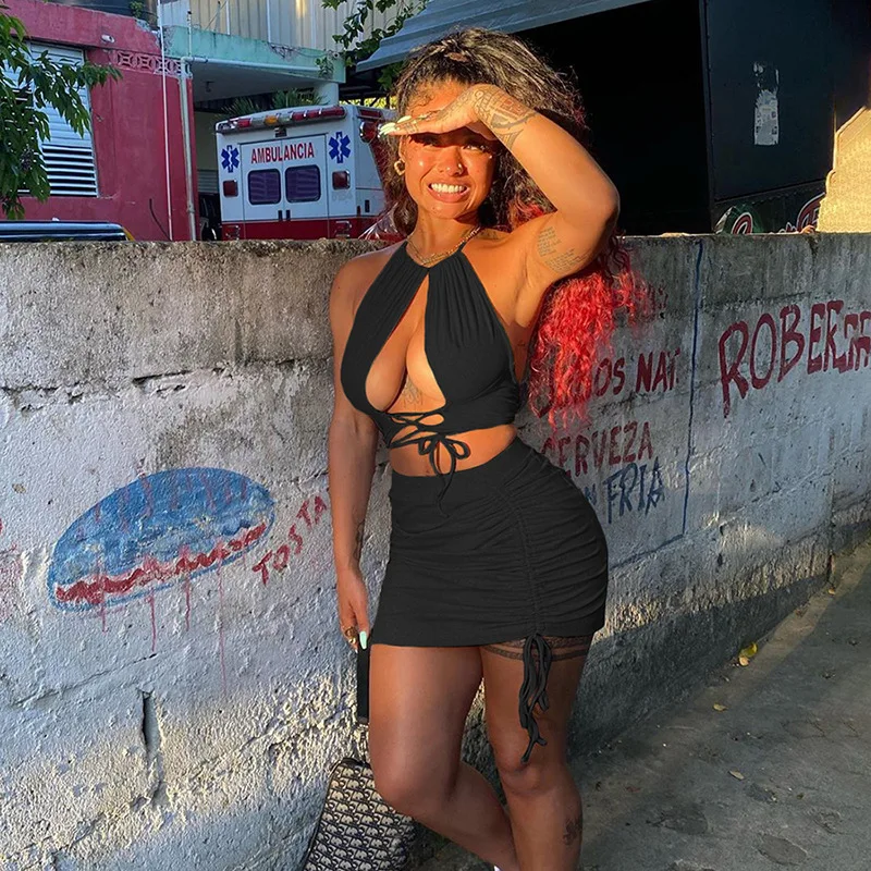 Wholesale halter lace up backless sexy summer dresses 2021 mini two piece crop top skirt set for women, Photos show
Wholesale halter lace up backless sexy summer dresses 2021 mini two piece crop top skirt set for women, Photos show