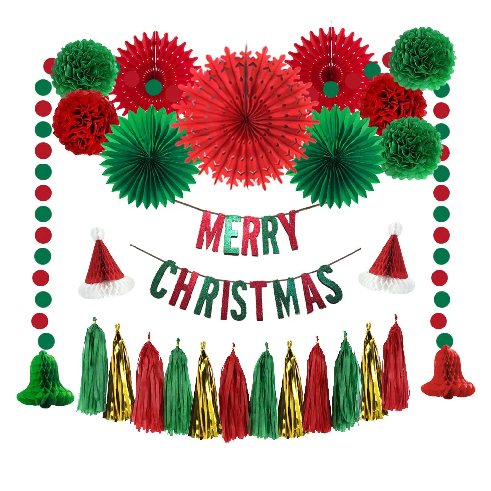 wholesale red gold green paper merry christmas decoration set