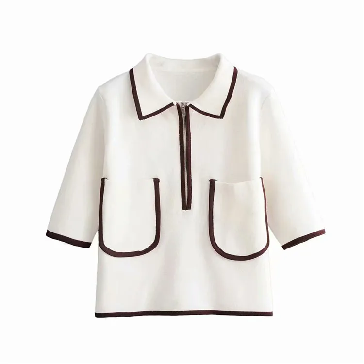Ladies T-shirt polo shirt collar zipper 2021 new casual loose high waist top with contrast color trim knit short sleeves, Picture showed
Ladies T-shirt polo shirt collar zipper 2021 new casual loose high waist top with contrast color trim knit short sleeves, Picture showed