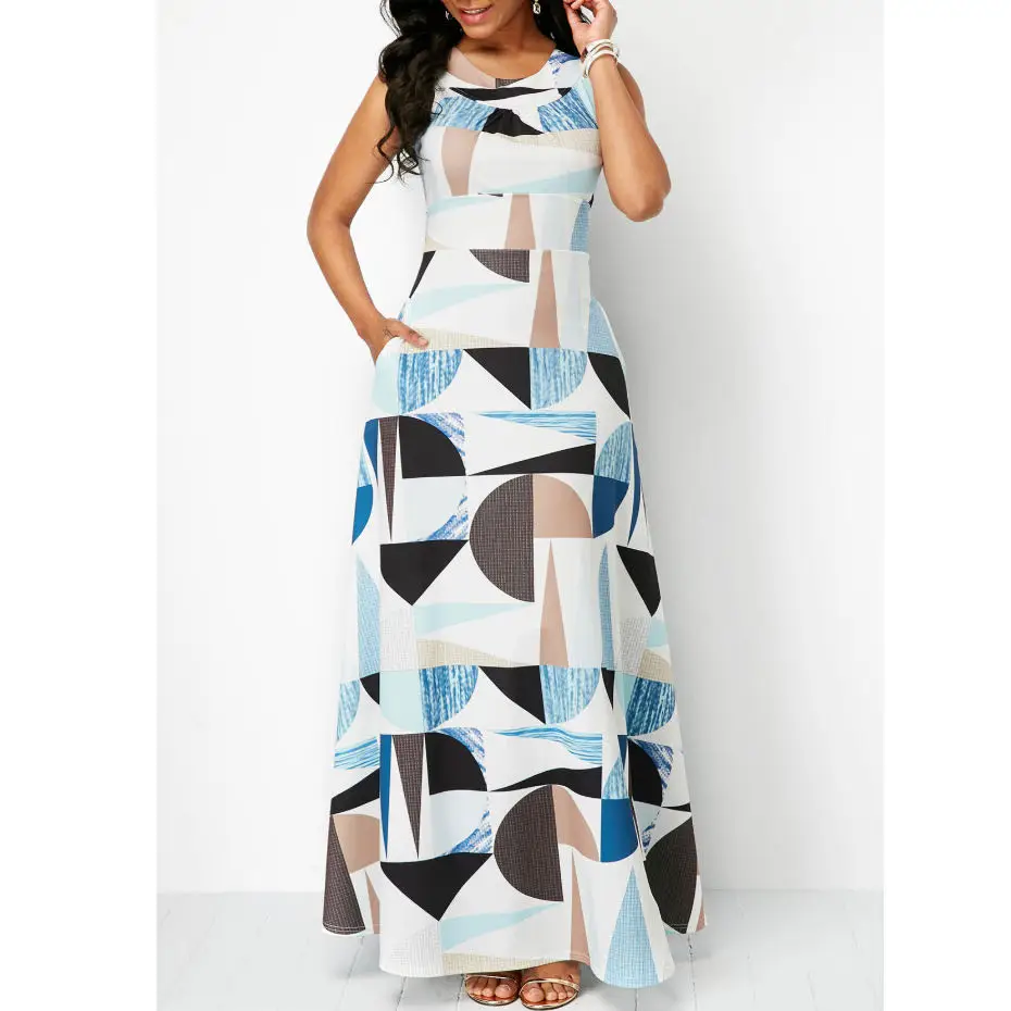 2020 women plus size solid color o neck highwaist geometric print maxi dress, Picture color or customized
2020 women plus size solid color o neck highwaist geometric print maxi dress, Picture color or customized
