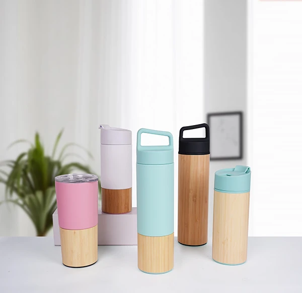 Stainless Steel wide mouth bamboo coffee travel cup mug double wall insulated vacuum flask  bamboo  tumbler drinking tea cup