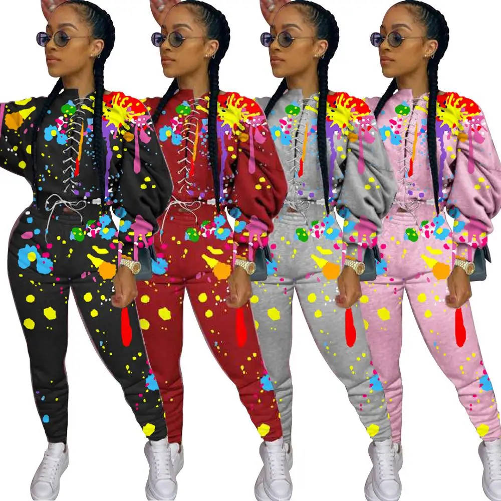 2020 Fall Lace-up Graffiti Printed Sweater Two Piece Set Women Clothing Jogging Suits
2020 Fall Lace-up Graffiti Printed Sweater Two Piece Set Women Clothing Jogging Suits