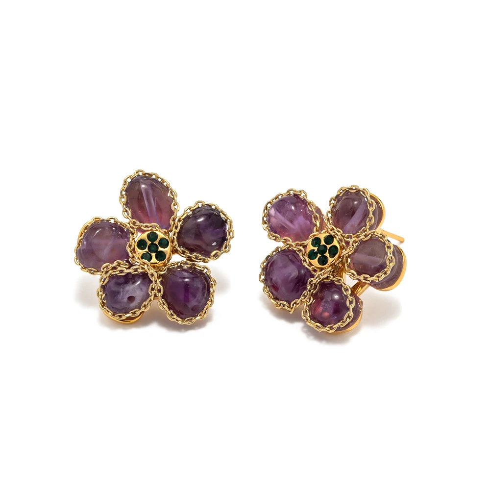 Classic 18K Brass Gold Plated Shiny Purple Crystal Flower Earring Copper Delicate Design Stud Earrings
Classic 18K Brass Gold Plated Shiny Purple Crystal Flower Earring Copper Delicate Design Stud Earrings
