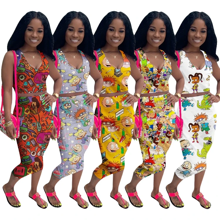 Hot sale of high-quality multicolor sleeveless elegant print vest casual dress Cartoons Print Two piece dress Sets
Hot sale of high-quality multicolor sleeveless elegant print vest casual dress Cartoons Print Two piece dress Sets