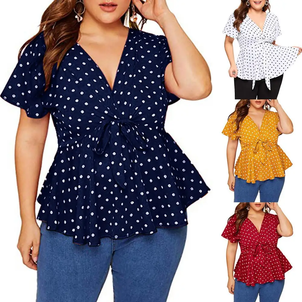 Womens Large Size V Neck Short Sleeve Shirt Top Polka Dot Knot Front Womens Tops And Summer Blouse
Womens Large Size V Neck Short Sleeve Shirt Top Polka Dot Knot Front Womens Tops And Summer Blouse