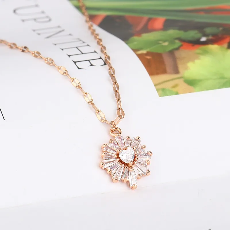 Rose Gold Crystal Zirconia Sun Flower Romantic Chain Pendant Necklace