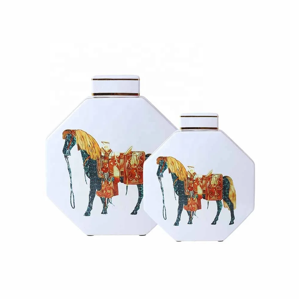European simple style hexagonal cylinder horse painting ceramic vase with square lid for home decoration, White
European simple style hexagonal cylinder horse painting ceramic vase with square lid for home decoration, White