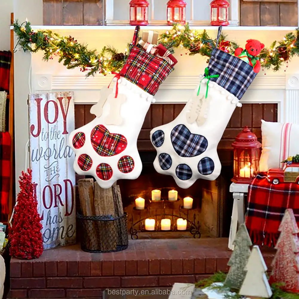ourwarm plaid christmas stocking new year gift bag for pet dog