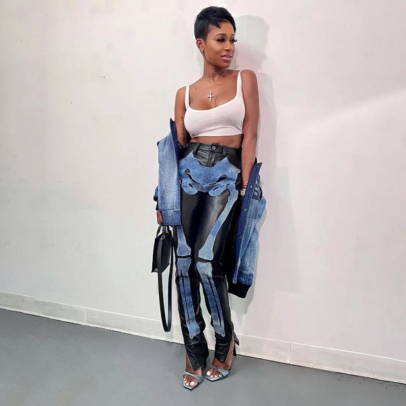 2021 Fall Winter Women Black Pu Leather Pants Ladies Jeans Skull Patchwork Trousers Denim
2021 Fall Winter Women Black Pu Leather Pants Ladies Jeans Skull Patchwork Trousers Denim