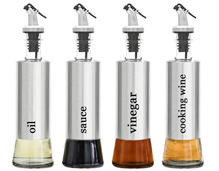 4 Pack Oil and Vinegar Cruet Dispenser Set with Drip Free Design Elegant Stainless Steel with Glass Bottom, Customized
4 Pack Oil and Vinegar Cruet Dispenser Set with Drip Free Design Elegant Stainless Steel with Glass Bottom, Customized
