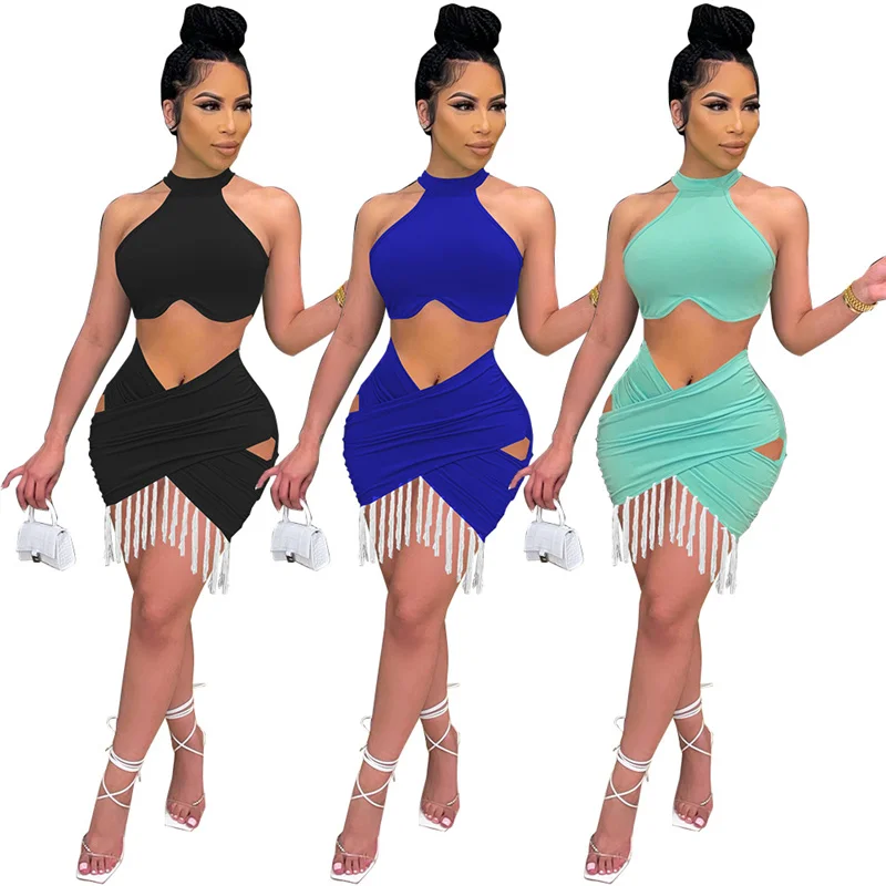 Sexy Solid Color Halter Neck Sleeveless Tank Crop Top Tassel Fringed Skirt Women Club Two Piece Set
Sexy Solid Color Halter Neck Sleeveless Tank Crop Top Tassel Fringed Skirt Women Club Two Piece Set