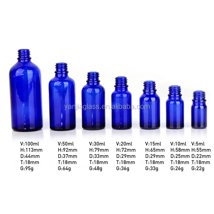 full size 15ml 30ml 50ml 100ml blue color Glass Essential Oil dropper bottle with silver lid