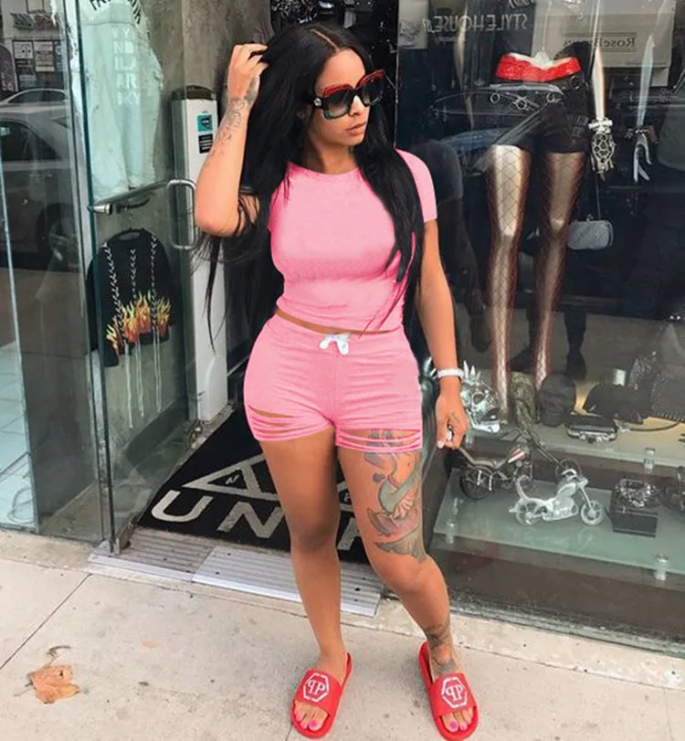 Woman summer sets round neck T-shirt ripped shorts suit casual sports fashion two-piece suit short pants summer, As show
Woman summer sets round neck T-shirt ripped shorts suit casual sports fashion two-piece suit short pants summer, As show