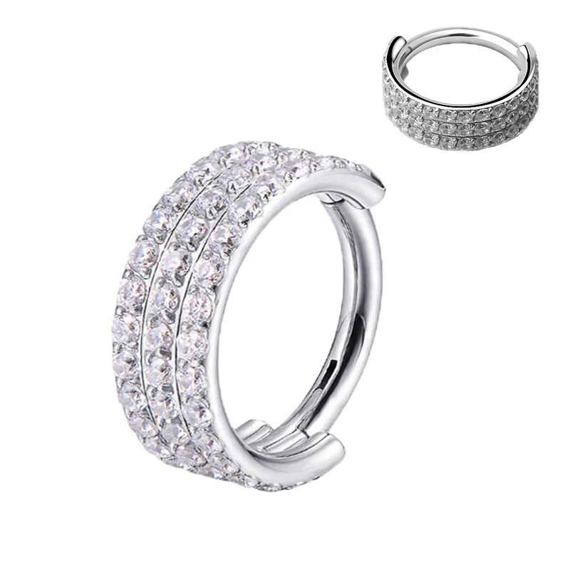

ASTM F136 G23 Titanium Fashion Hinged Segment Hoop With 3 Rows CZ Pave Cartilage Earring Nose Ring Piercing Body Women Jewelry