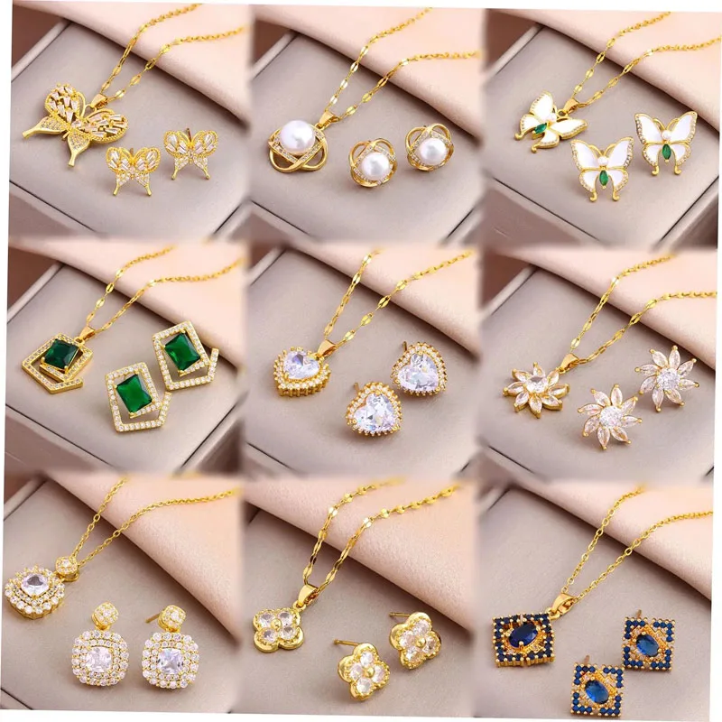 Fashion Jewelry Set Stainless Steel 18K Gold Zircon Pearl Butterfly Heart Pendant Necklace And Earrings for Valentine Day gift
Fashion Jewelry Set Stainless Steel 18K Gold Zircon Pearl Butterfly Heart Pendant Necklace And Earrings for Valentine Day gift