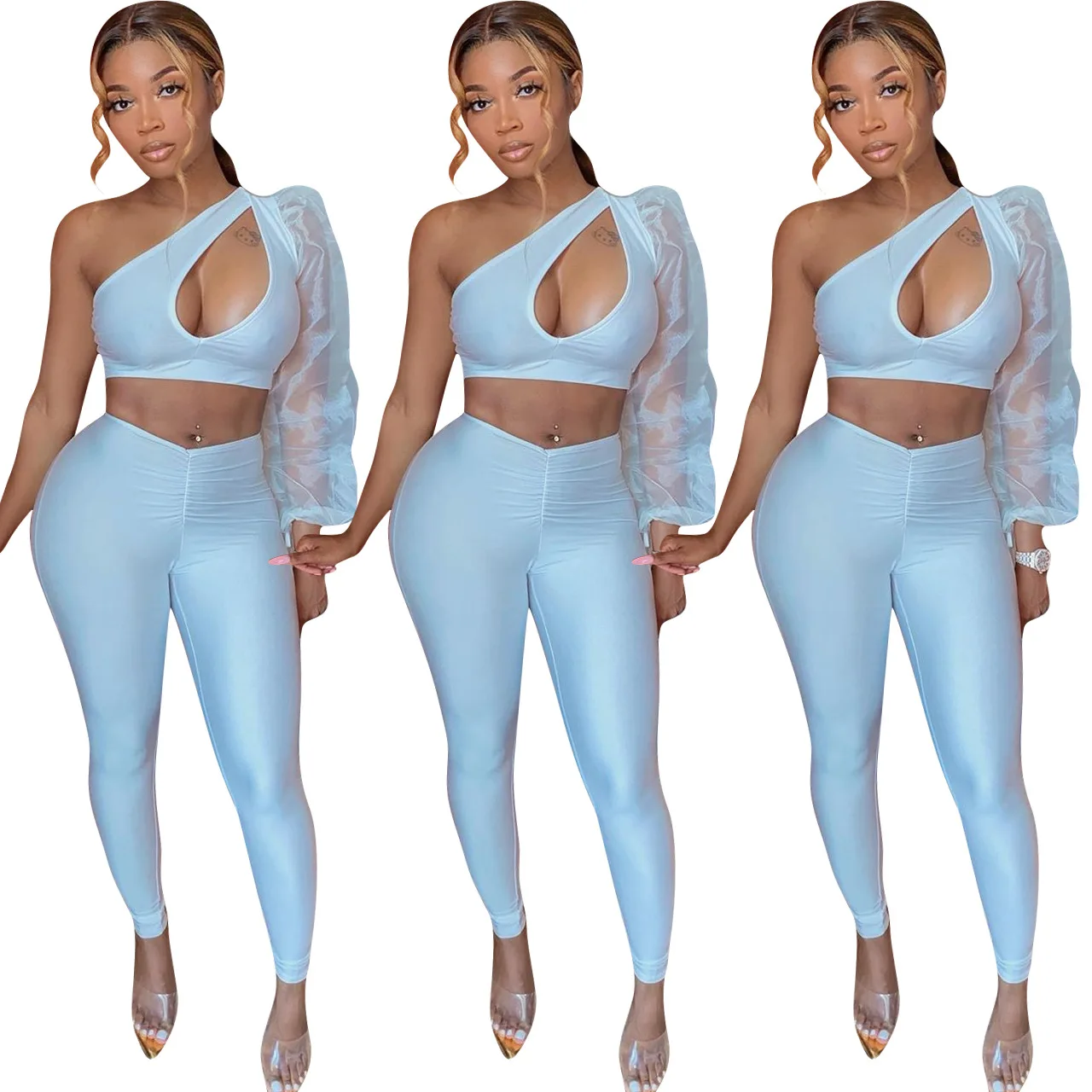 European and American women's casual fashion solid color perspective bubble sleeves strapless two-piece women's clothing, Pure colour
European and American women's casual fashion solid color perspective bubble sleeves strapless two-piece women's clothing, Pure colour