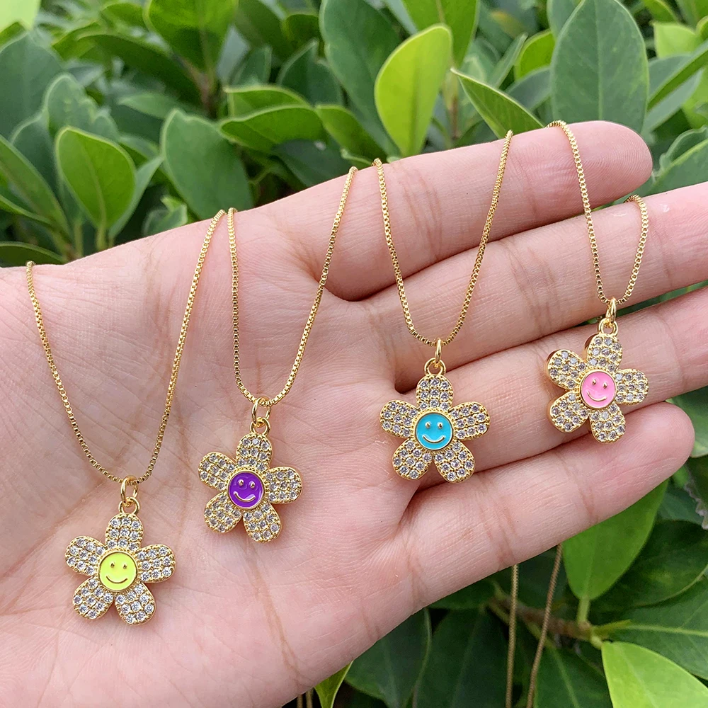 Happy Face Flowers Zircon Pave Brass Enamel Pendant 18K Gold Plate Box Chain Necklace Multi-color Matching Necklace Jewelry
Happy Face Flowers Zircon Pave Brass Enamel Pendant 18K Gold Plate Box Chain Necklace Multi-color Matching Necklace Jewelry