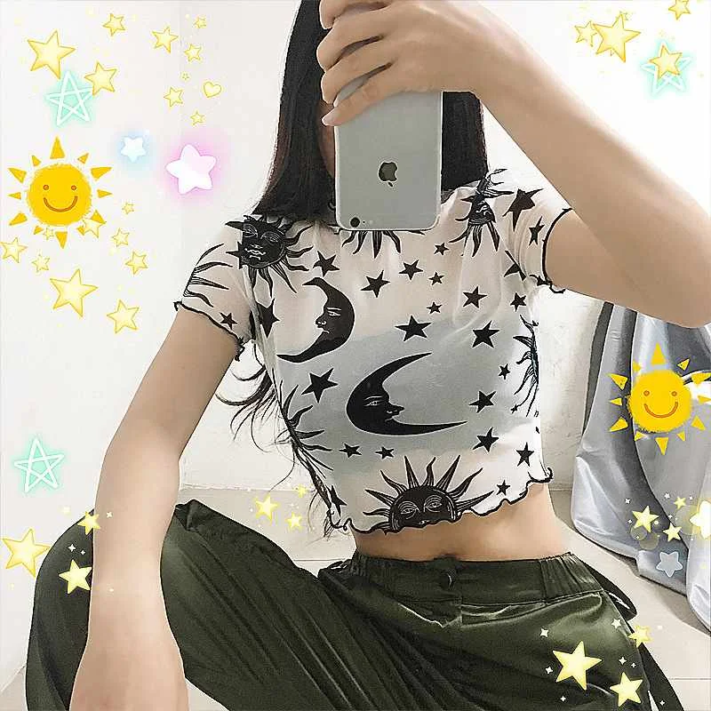 New Hot Sale Sexy Women Sheer Mesh Cupid Tee Sun Moon Print Short Sleeve Slim Crop Tops Crow Neck Transparent Tee Top, As pictures
New Hot Sale Sexy Women Sheer Mesh Cupid Tee Sun Moon Print Short Sleeve Slim Crop Tops Crow Neck Transparent Tee Top, As pictures