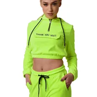

2019 ladies sexy 2 piece longline embroidered latest neon green cropped top streetwear tracksuit pants and hoodie set for womens