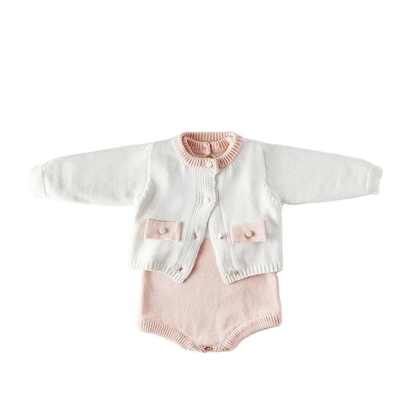 

fashion pink color knitted romper cardigan clothes baby girl 2pcs set outfit, Pictures showed