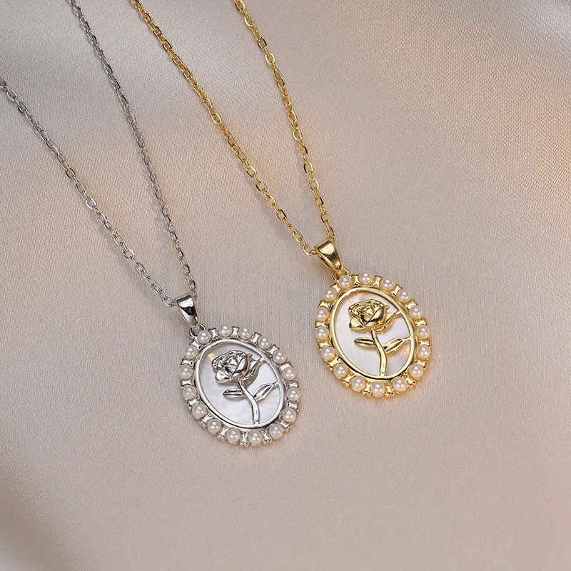 Vintage Oval Pearl Rose Flower Pearl Pendant Titanium Steel Chain Necklace For Women 2023
Vintage Oval Pearl Rose Flower Pearl Pendant Titanium Steel Chain Necklace For Women 2023