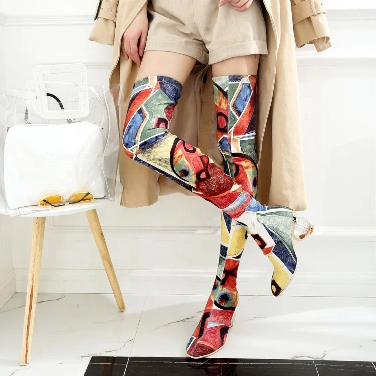 fashion designer handmade stretch lycra art painting clear glass round heel women thigh high boots, Red/grey
fashion designer handmade stretch lycra art painting clear glass round heel women thigh high boots, Red/grey